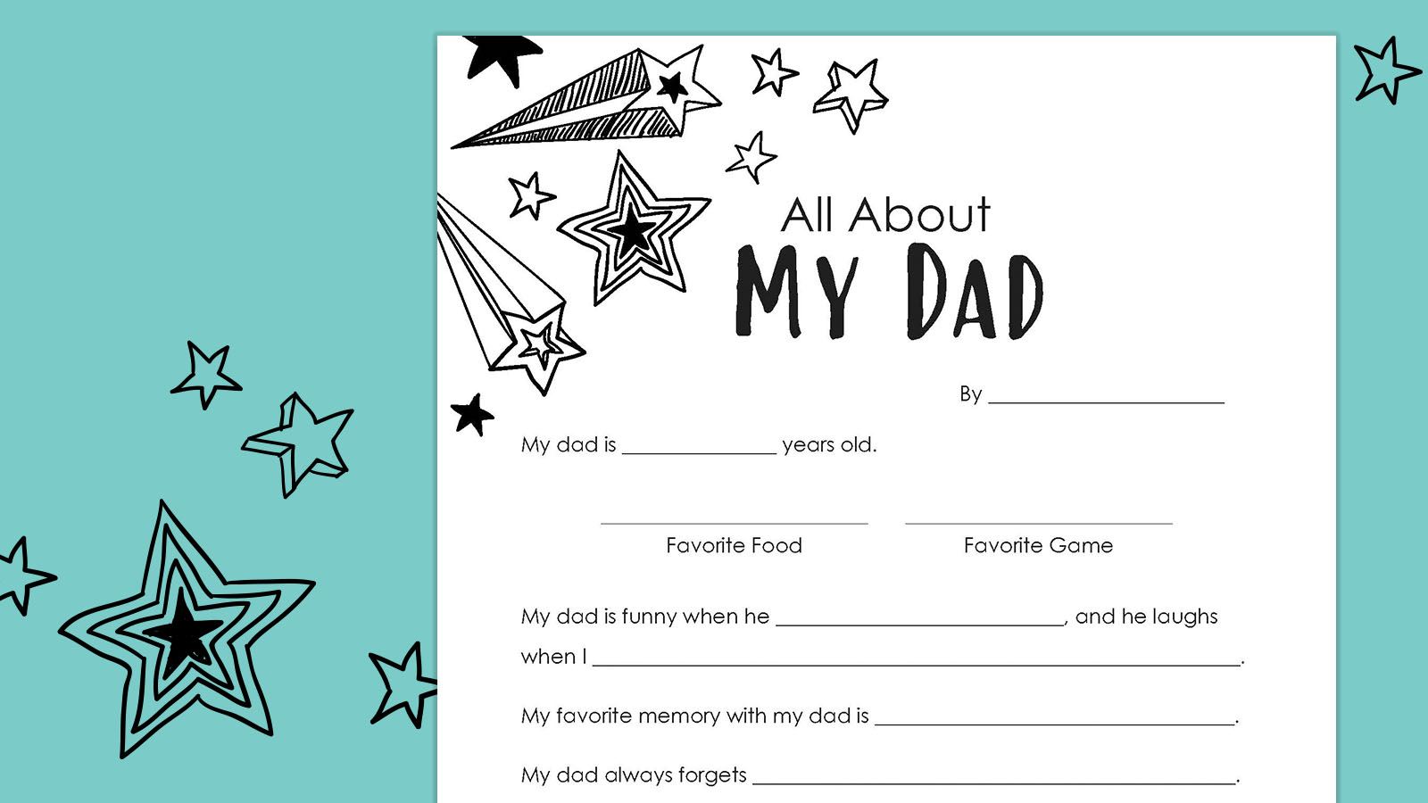 all about my dad father's day questionnaire on blue background with stars