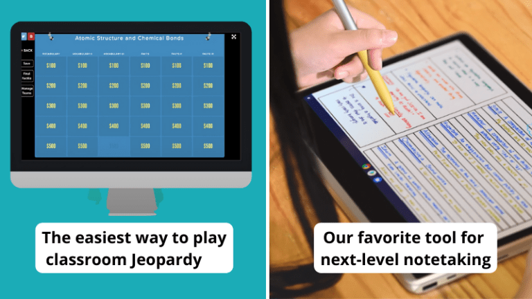 Classroom jeopardy game on computer screen and student taking notes with Legitech Pen on tablet as examples of best edtech tools