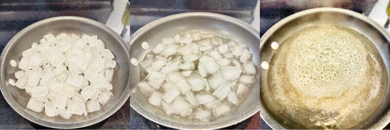 States of Matter Activities three photos into one large photo showing ice in a saucepan, melting ice in a saucepan and water boiling in a saucepan