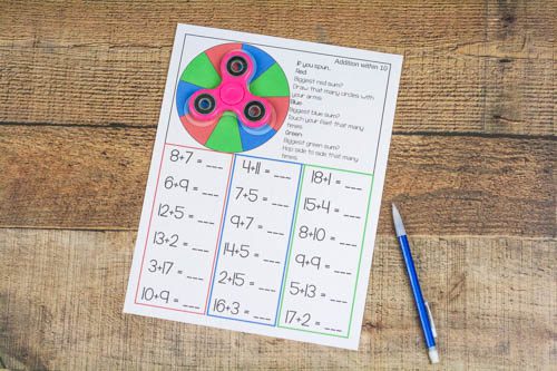 A math worksheet using a fidget spinner as a tool