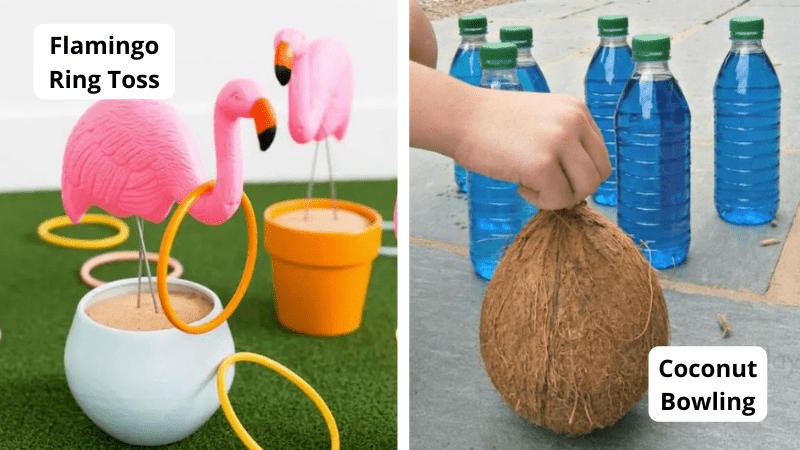Field day games: flamingo ring toss and coconut bowling