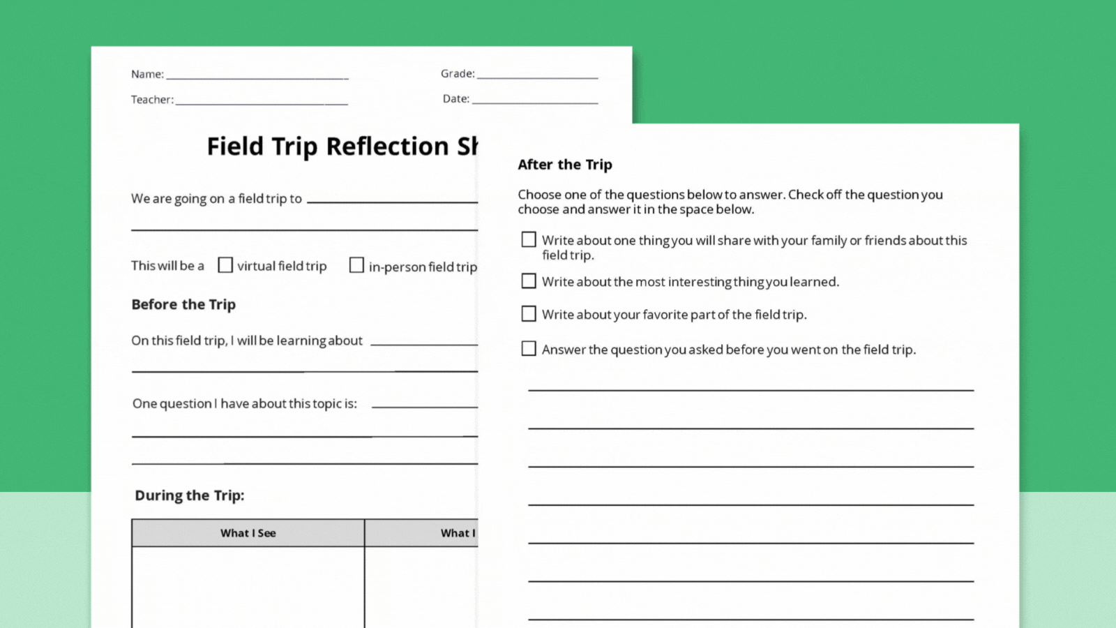 GIF featuring pages of a printable field trip reflection sheet.