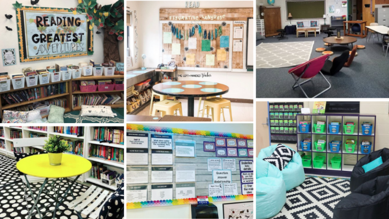 Six separate images of classroom ideas including adventure themed and rustic.