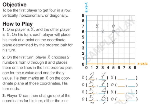 Rules and gameboard for playing Connect 4 in a coordinate plane