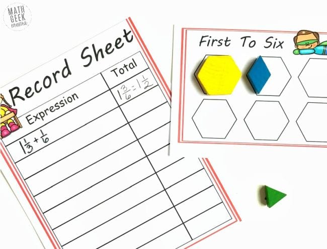 Printable First to Six game board and Record Sheet with pattern blocks