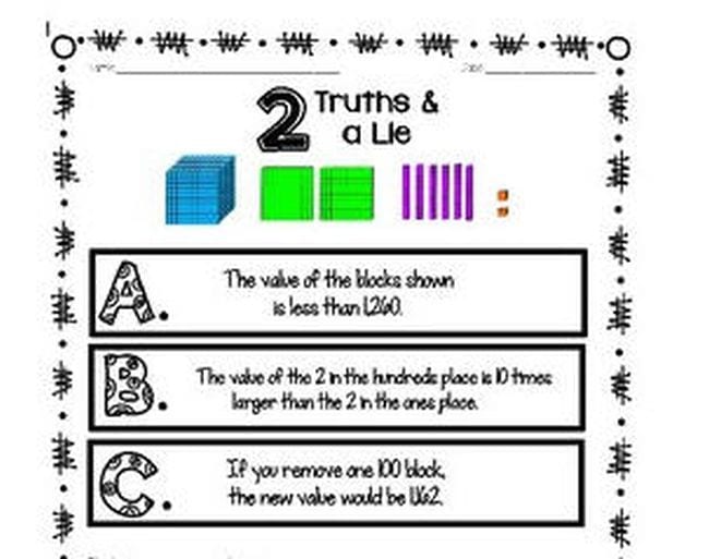 2 Truths and a Lie printable game for learning math