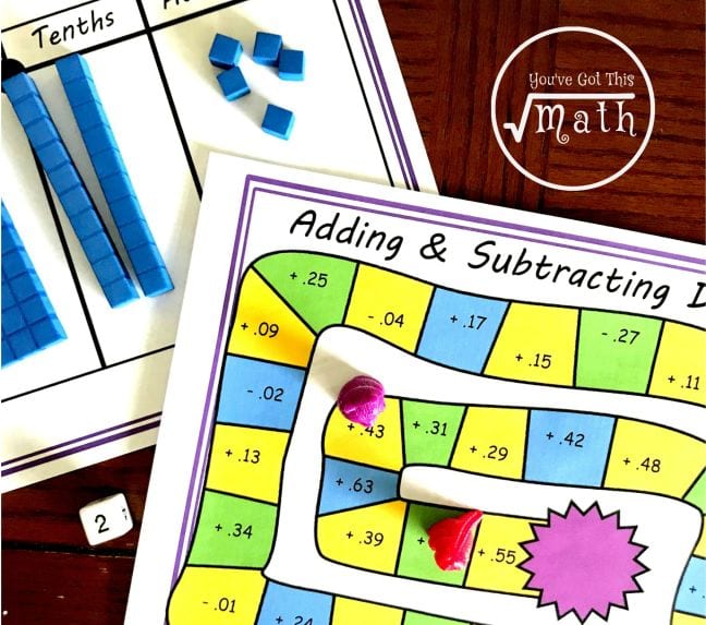 Printable Adding and Subtracting Decimals game with markers and base 10 blocks (Fifth Grade Math)