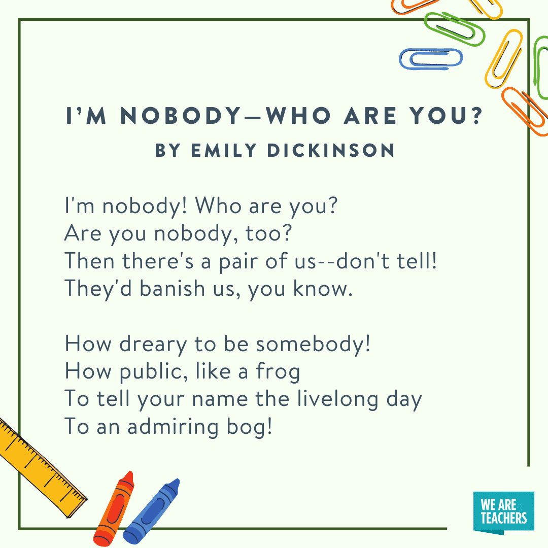 I'm Nobody -- Who Are You by Emily Dickinson -- fifth grade poems