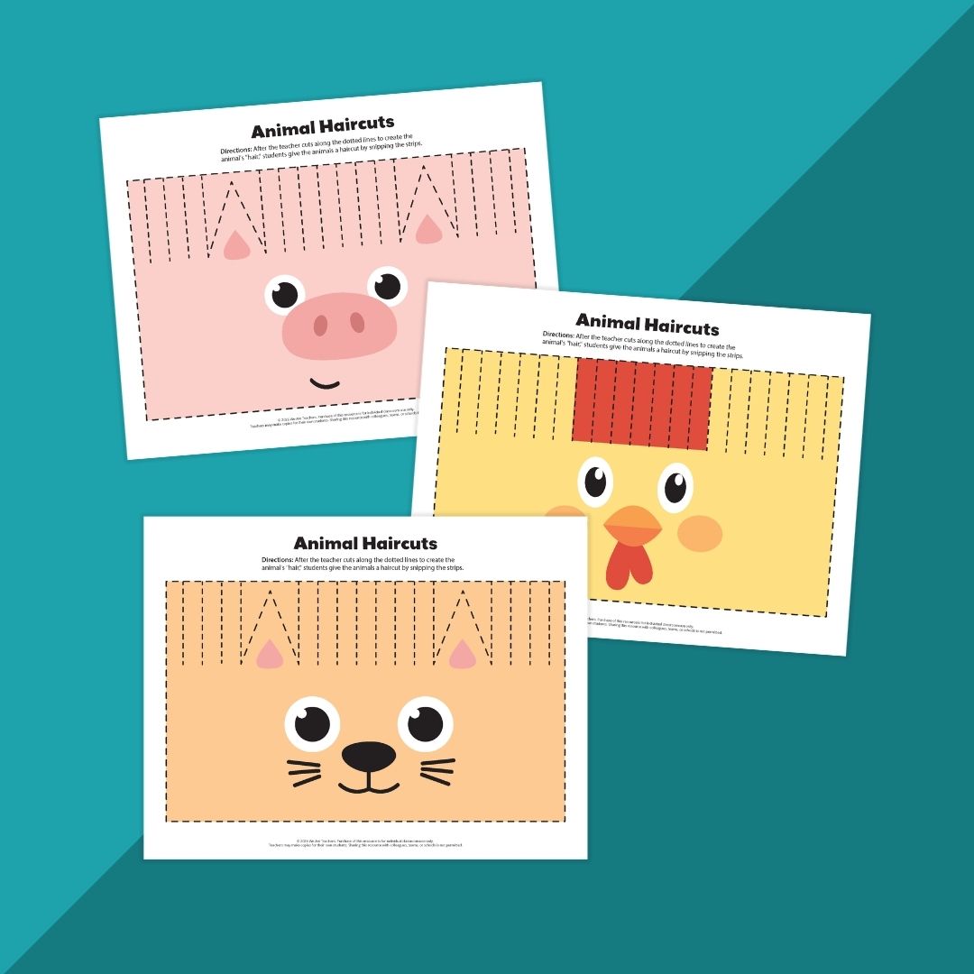 Images of a fine motor skills activity where children cut hair on three animal pages.