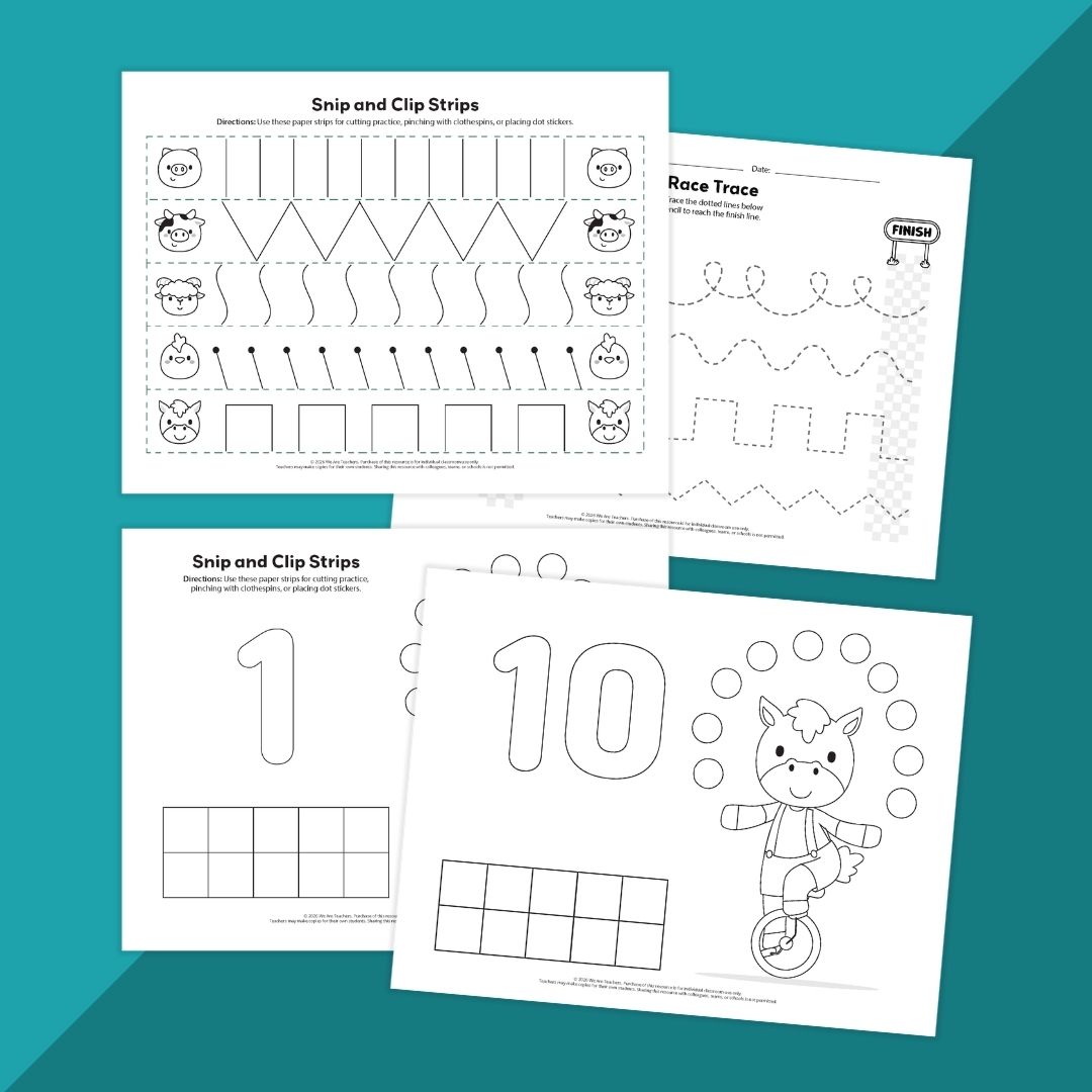 Images of fine motor skills activities for young students.
