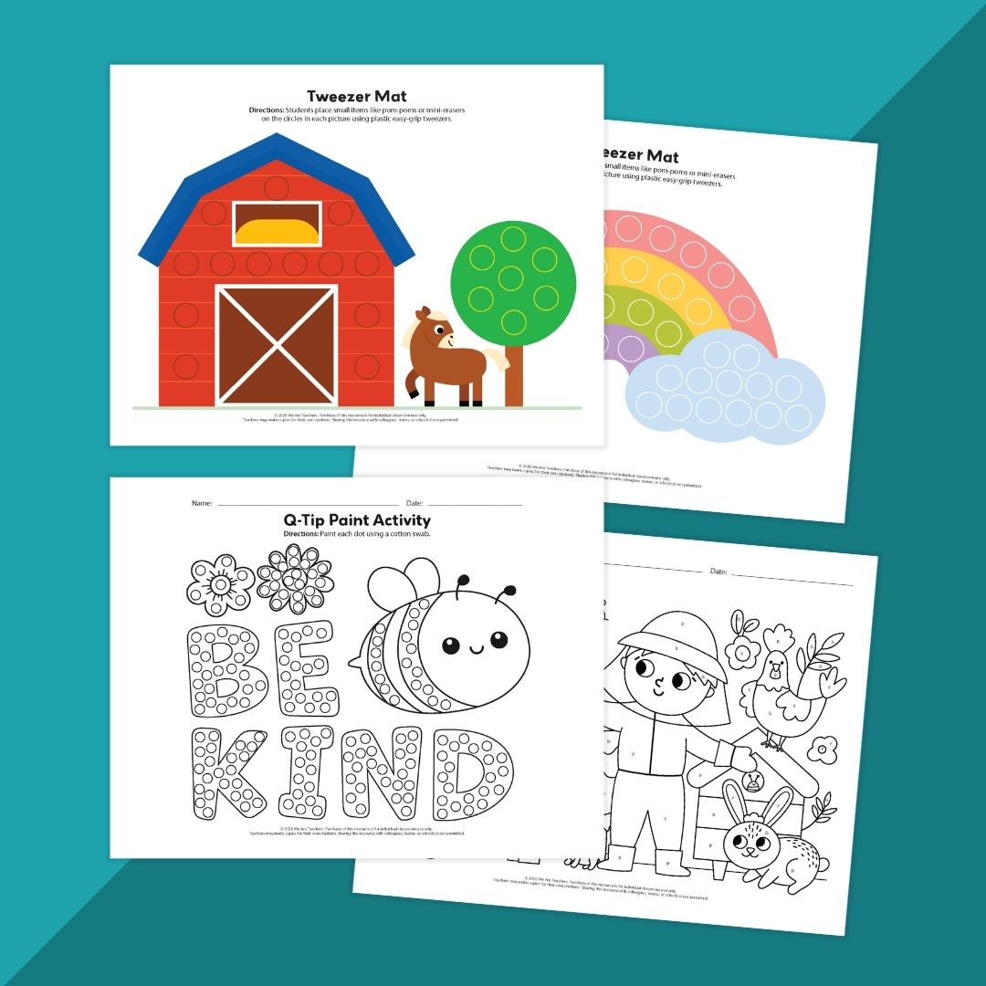 Images of fine motor skills activities worksheet pages.