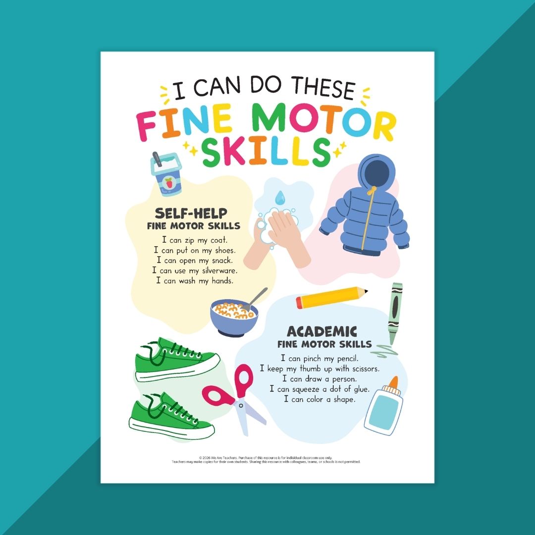 Image of a fine motor skills poster that says, "I can do these fine motor skills."