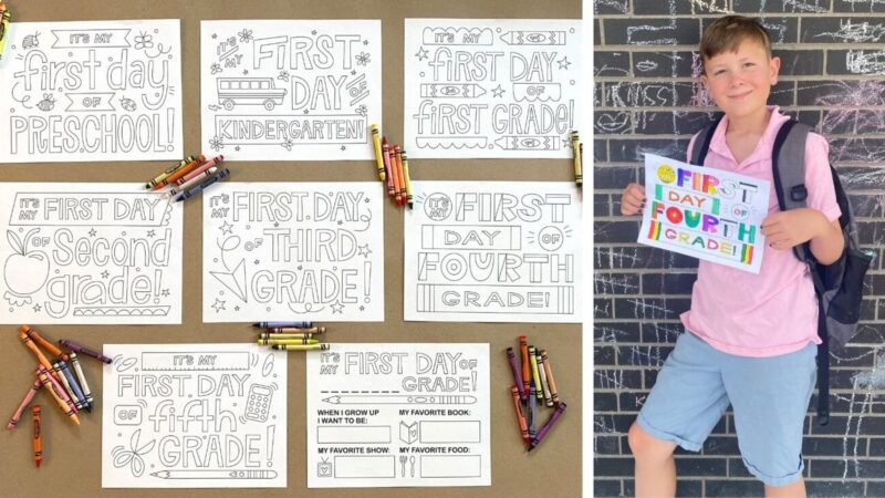 First day of school signs featuring a 4th grade boy holding one of the signs as an example of first day of school activities