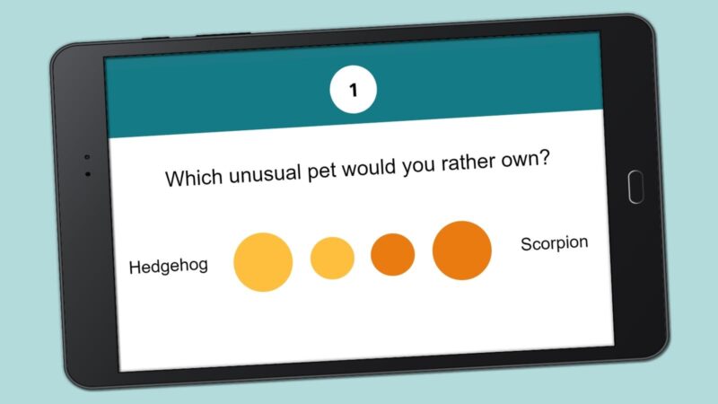 Picture of a slide from an icebreaker game asking students to make choices between one thing or another displayed on a tablet- first day of school google slides