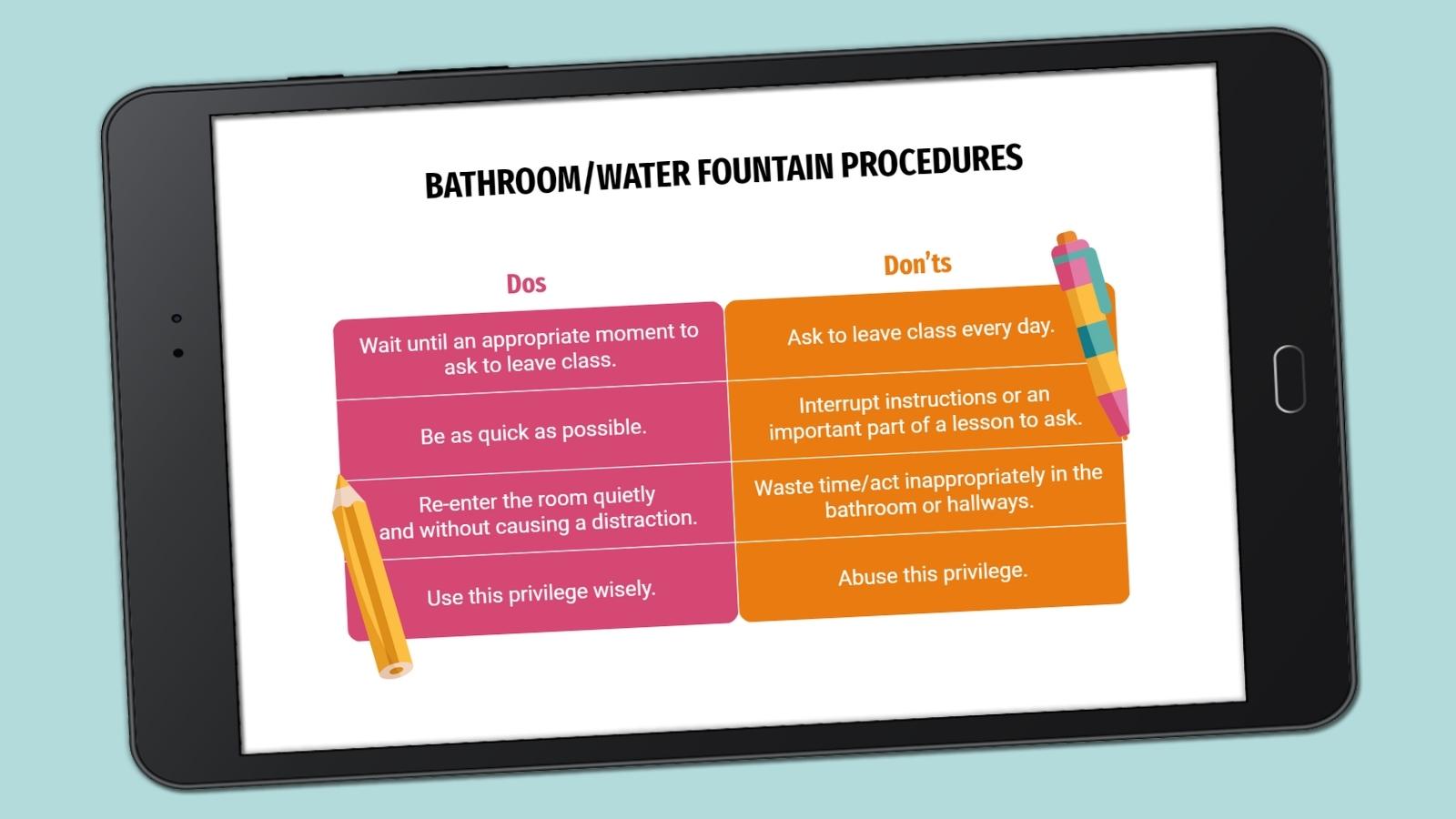 Picture of procedures for using the restroom or visiting the water fountain on a tablet