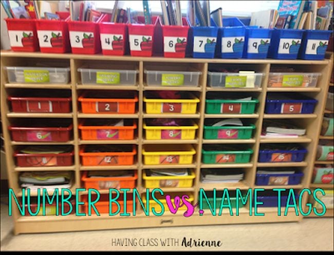 Multi-colored storage bins in classroom
