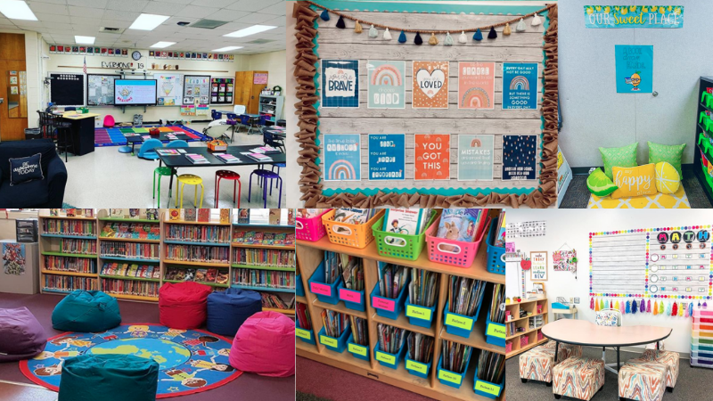 Six separate images of first grade classroom ideas including bean bags and colorful art.