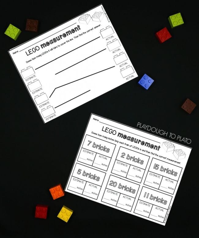 LEGO measurement worksheets with colorful LEGO bricks, used for first grade math games
