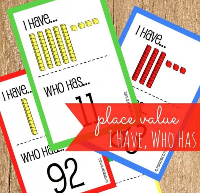 Printed cards saying I have... Who has... showing math cube manipulatives and numerals