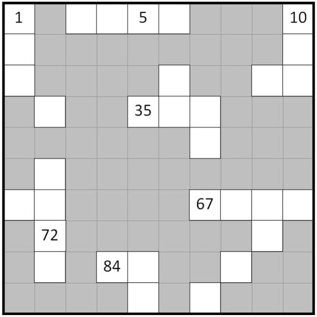 Paper grid with grayed out spaces and white spaces with numbers, some left blank (First Grade Math Games)
