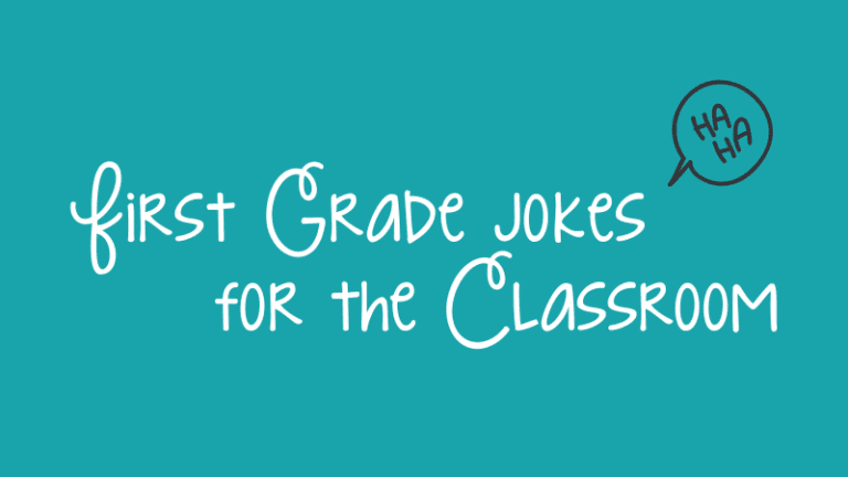 Turquoise background with white cursive text that reads, 'First Grade Jokes for the Classroom.'