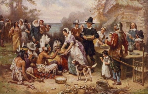 Old painting of Pilgrims meeting Native Americans