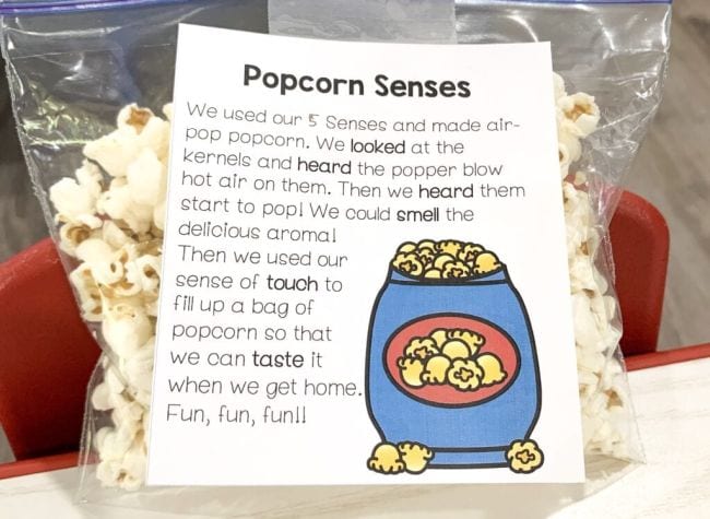 Ziplock bag of popcorn with a label describing how it was used for five senses activities in class