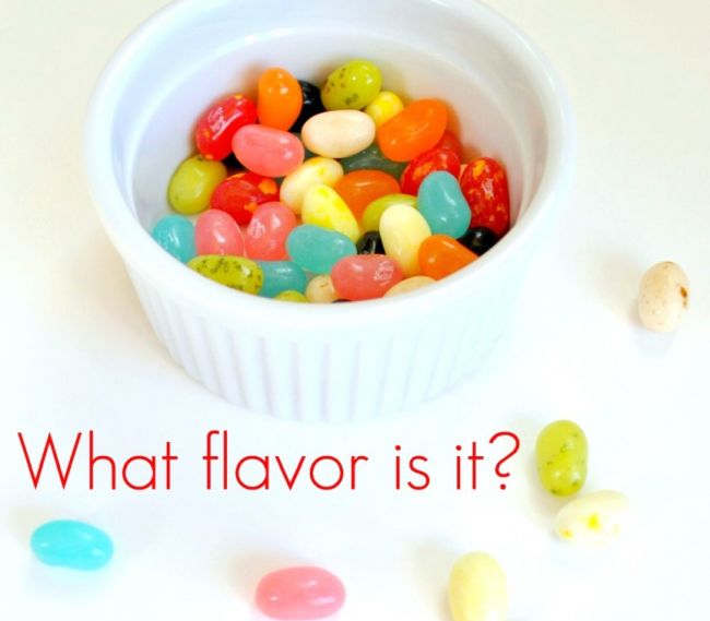 Small bowl of jelly beans. Text reads What flavor is it? (Five Senses Activities)