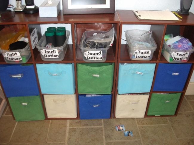 Set of 5 cubbies set up as five senses stations