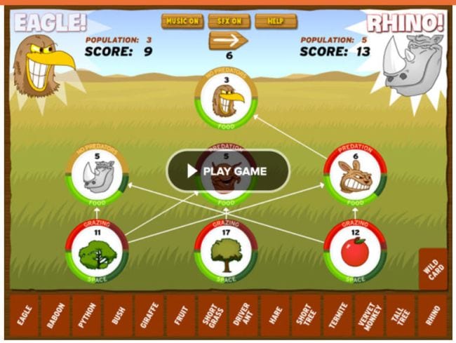 A screenshot from a video game features different animals on the screen in this example of a food webs activity. 