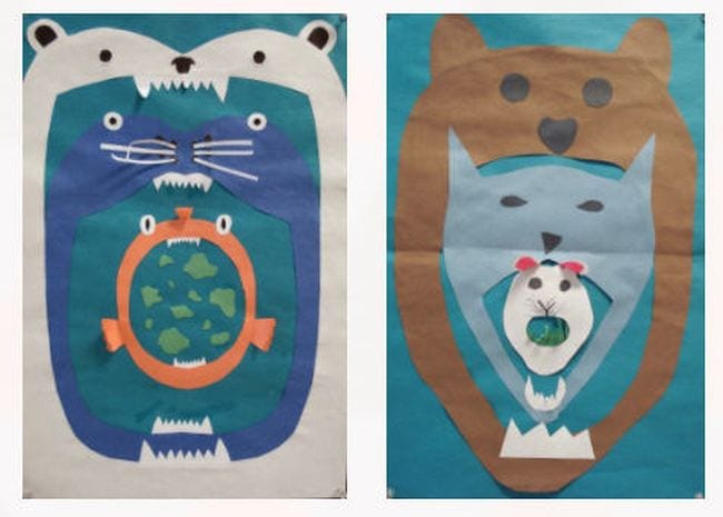 Two art pieces show a small animal in the mouth of a medium size animal which is in the mouth of a larger animal in this example of a food webs activity.