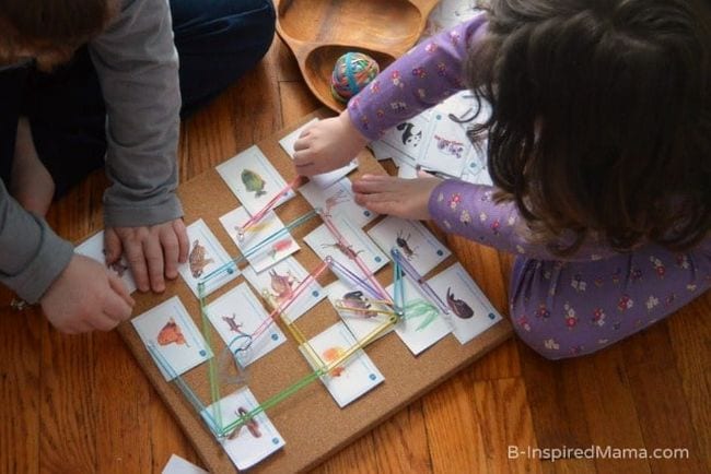Two children are seen stringing thread across pictures of animals and plants on a board in this example of a food webs activity.