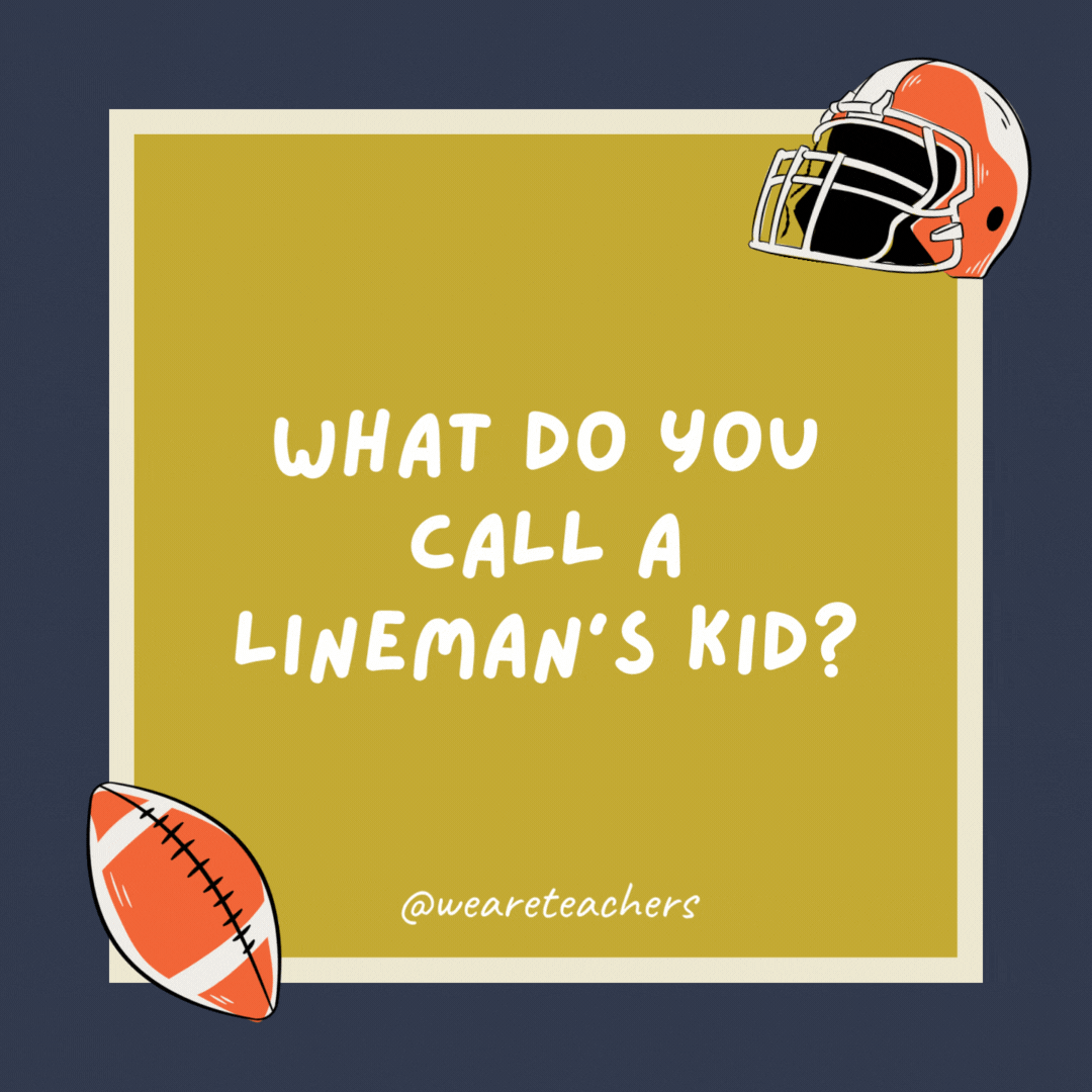 What do you call a lineman’s kid?

A chip off the old blocker.