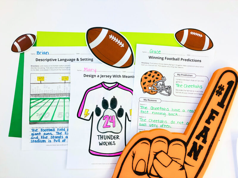 Football Worksheets Three completed football worksheets on a table.