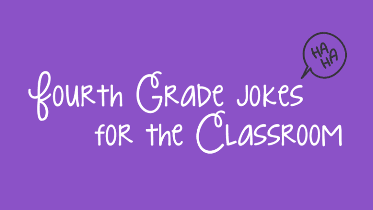 A purple background with white cursive text that reads, Fourth Grade Jokes for the Classroom.