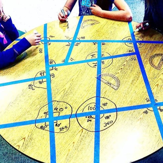 طاولة دائرية عليها خطوط من الشريط الأزرق، ويقوم الطلاب برسم الزوايا الناتجة وقياسها