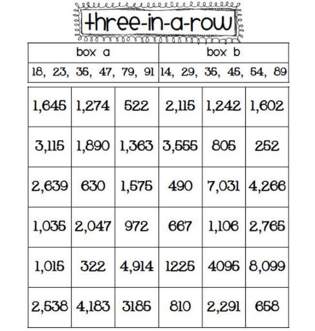 Three In a Row printable math game with a grid of three and four digit numbers