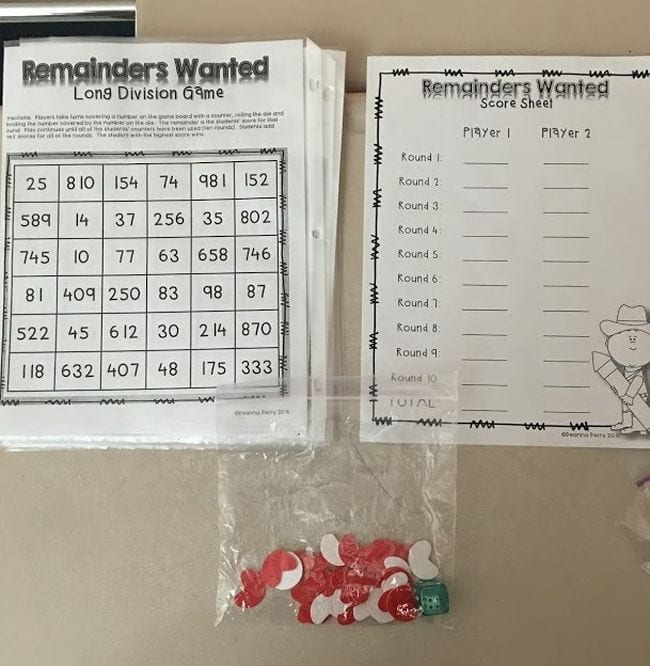 Printable Remainders Wanted fourth grade math game with bag of counter chips