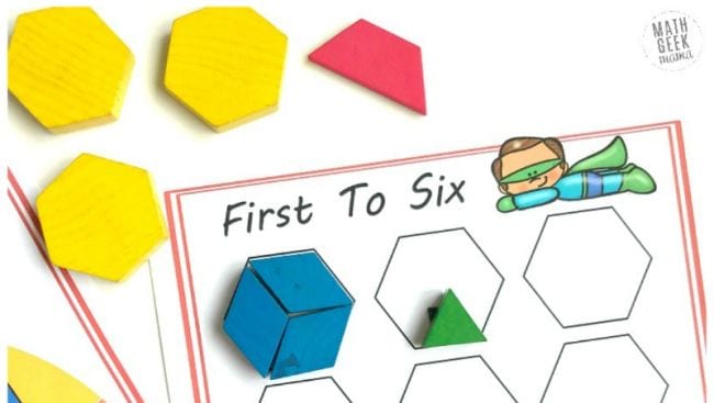 First To Six printable worksheet with colorful pattern blocks