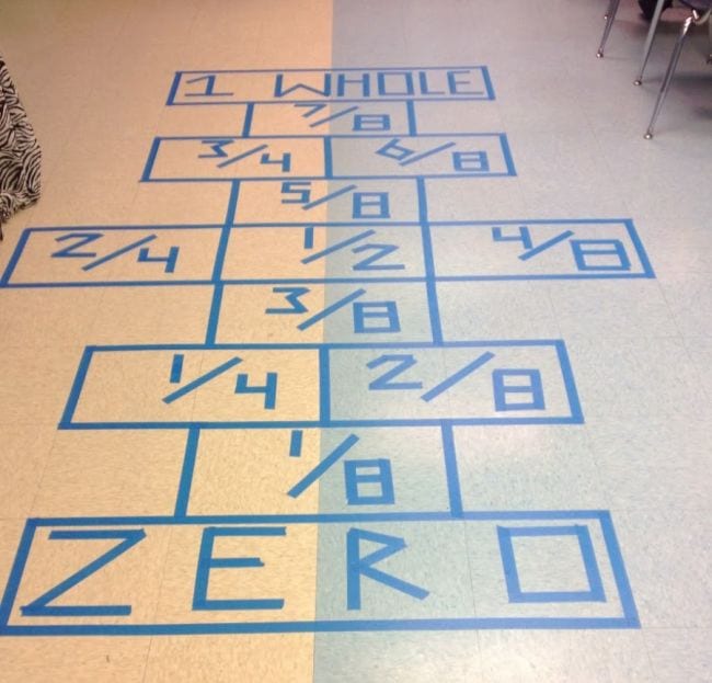 A hopscotch grid labeled with fractions in each square as an example of fraction games and activities