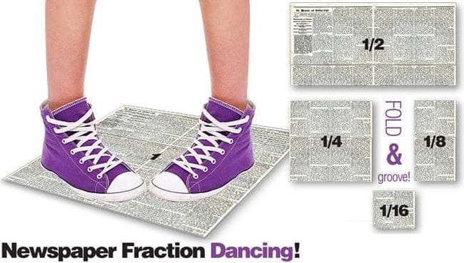 Student in purple sneakers standing on a piece of newspaper, with other newspapers folded into smaller pieces; text reads Newspaper Fraction Dancing, Fold and Groove