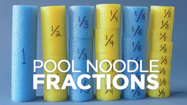 Blue and Yellow pool noodles are cut into small sections and labeled with number for the activity Pool Noodle Fractions