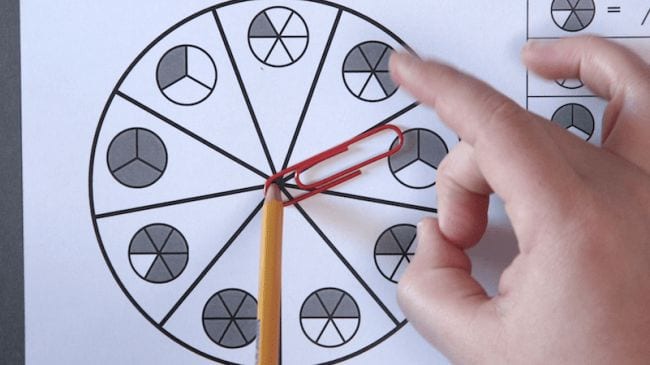 A child's hand is poised above a printed spinner with a paper clip at the center