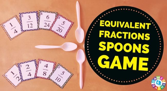 Fraction cards laid out with plastic spoons; text reads Equivalent Fractions Spoons Game
