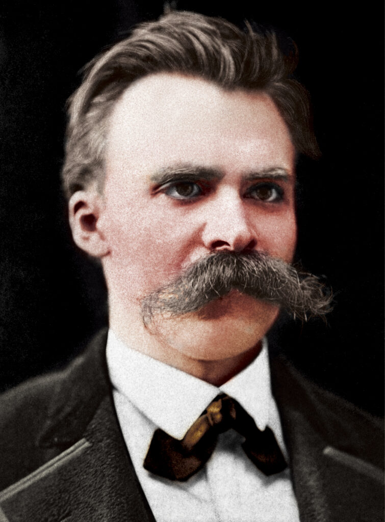 Famous philosophers include Friedrich Nietzsche shown here in a colorized photo. He is a middle aged man with a large moustache. 