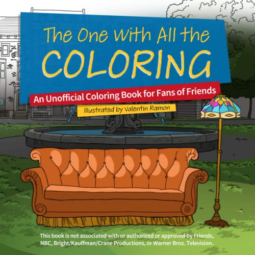 تتضمن كتب التلوين للبالغين هذا الكتاب الذي يحتوي على أريكة ومصباح على الغلاف والكلمات The One with All the Coloring بنفس خط كلمة Friends من المسرحية الهزلية.