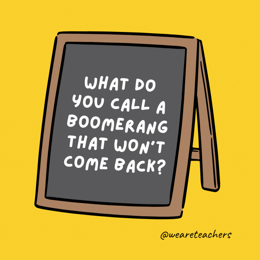 What do you call a boomerang that won’t come back? 

A stick.