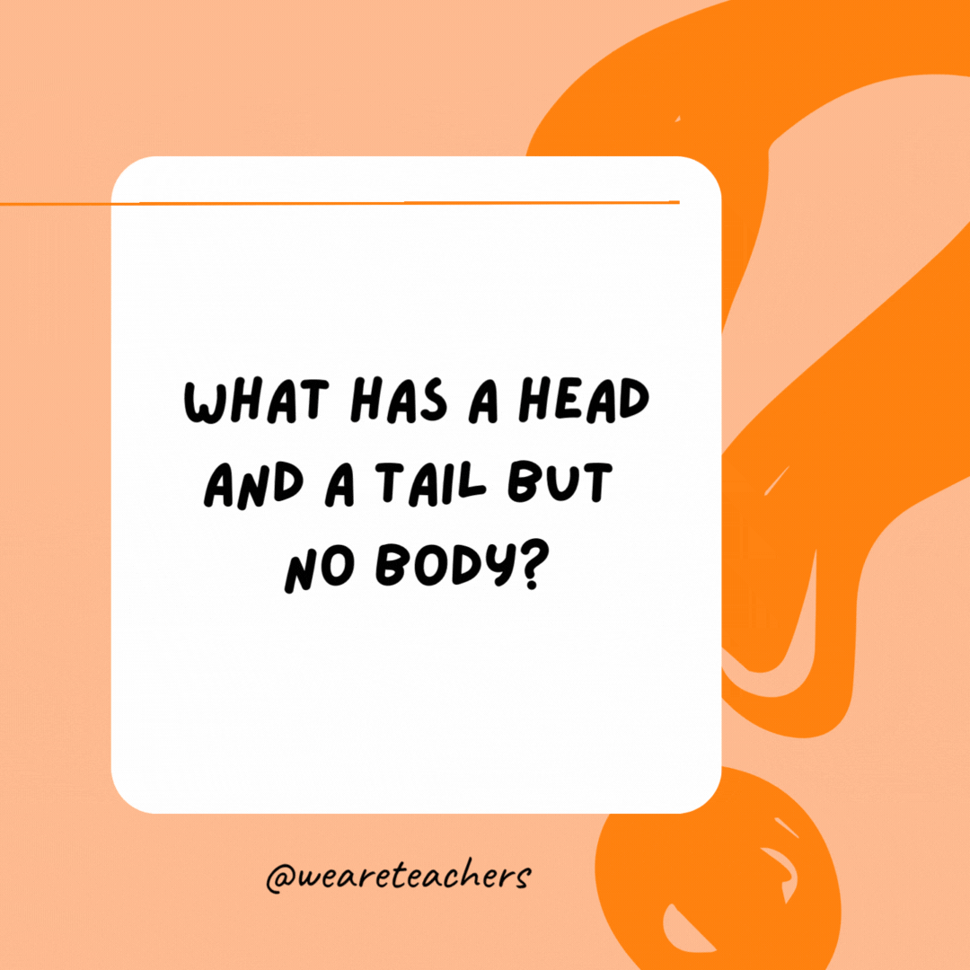 What has a head and a tail but no body? 

A coin.