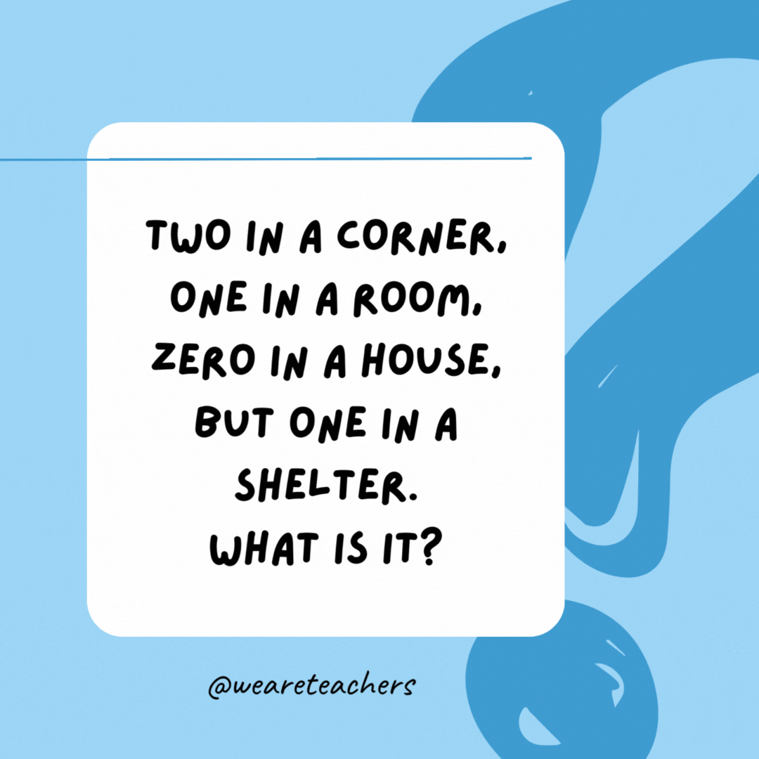 Two in a corner, one in a room, zero in a house, but one in a shelter. What is it? 

The letter “r.”