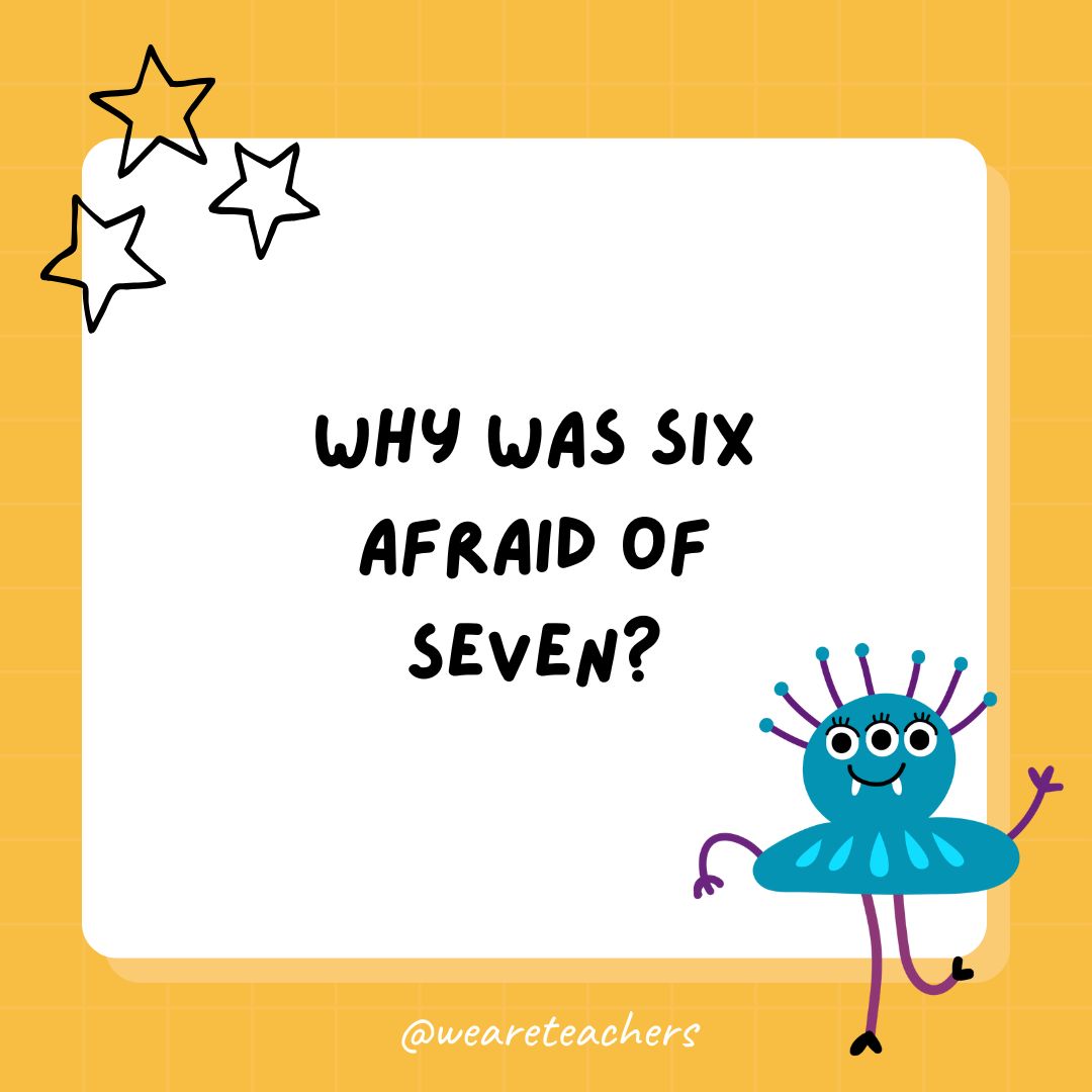 Funny Riddles for Kids a yellow square with a smaller white square and the riddle: Why was six afraid of seven?